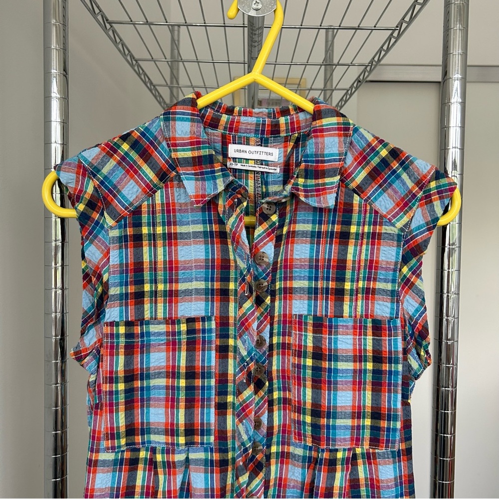 Urban Outfitters Blue Red Yellow Plaid Sleeveless Jumpsuit